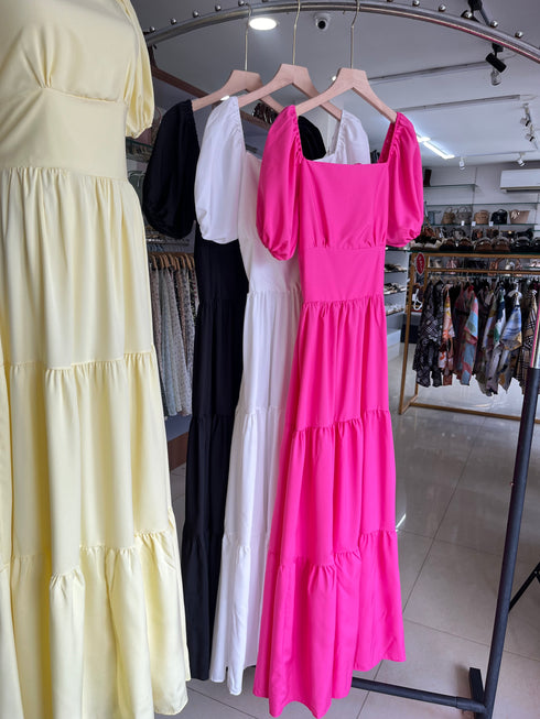 Square Neckline Puff Sleeves Flounce Long Dress